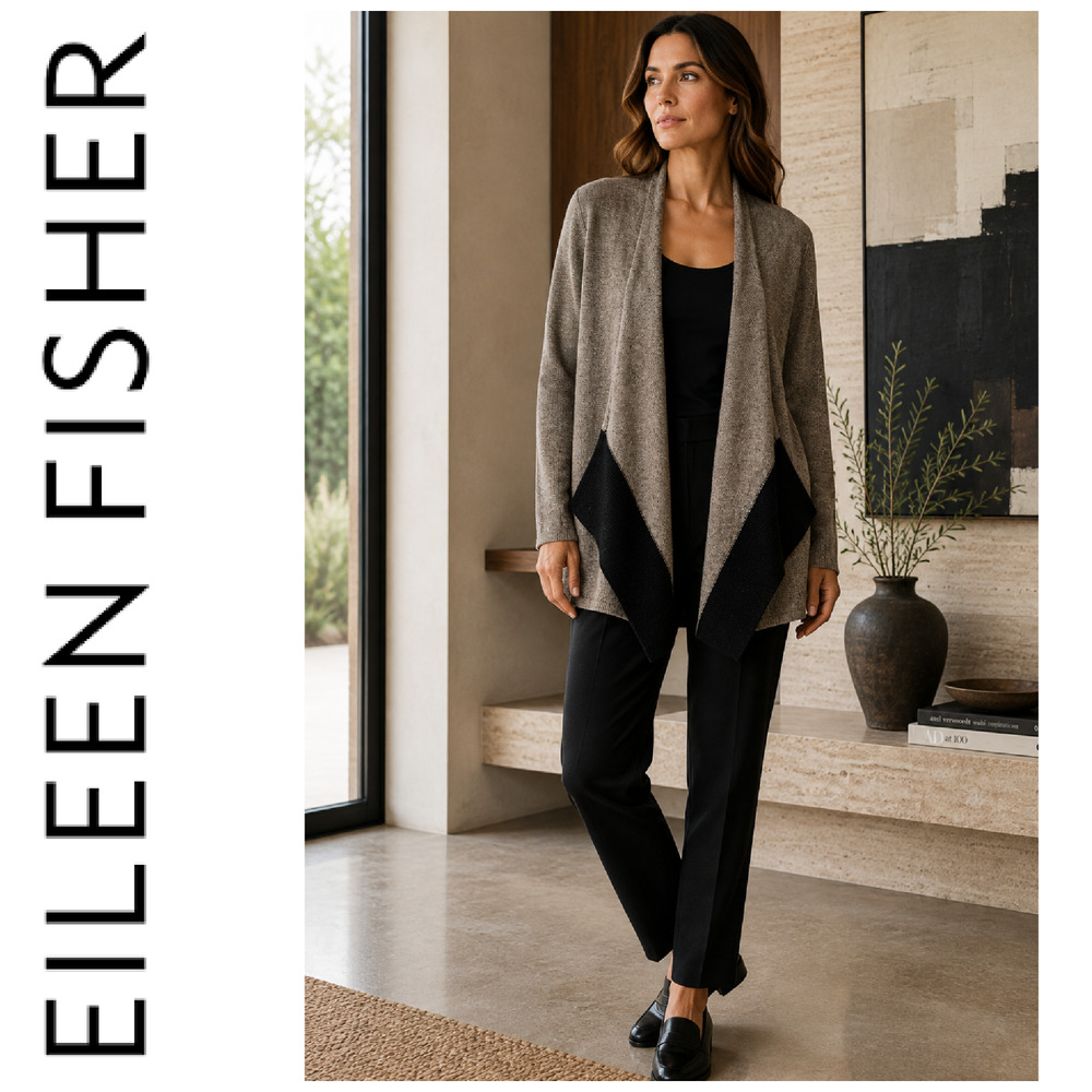Eileen Fisher Sz M Yak Merino Wool Cardigan Colorblock Waterfall Italian Yarn